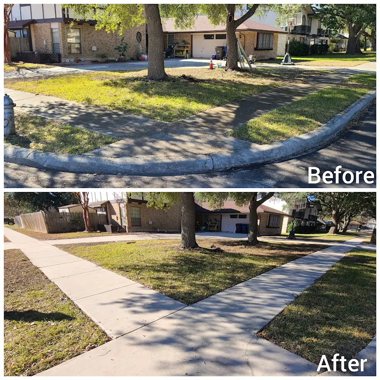 Curved sidewalk before and after power washing showing dramatic cleaning results