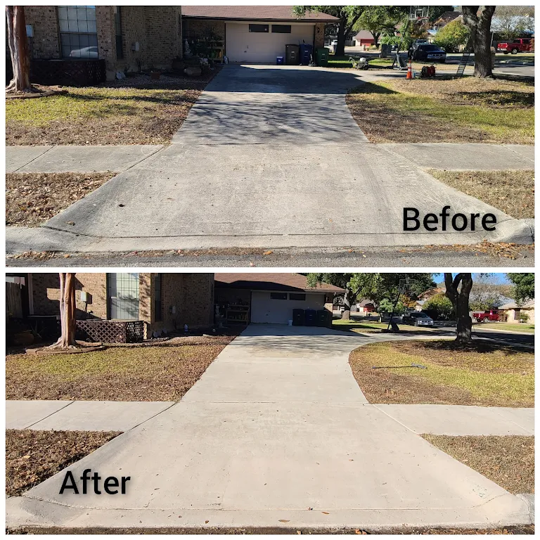 Dramatic before and after comparison of driveway power washing showing stained concrete transformed to clean, bright surface