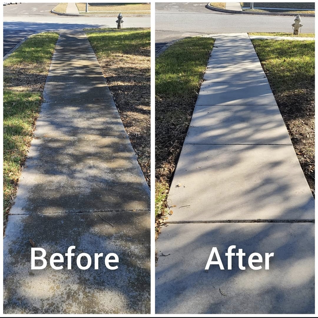 Sidewalk before and after power washing showing complete stain removal