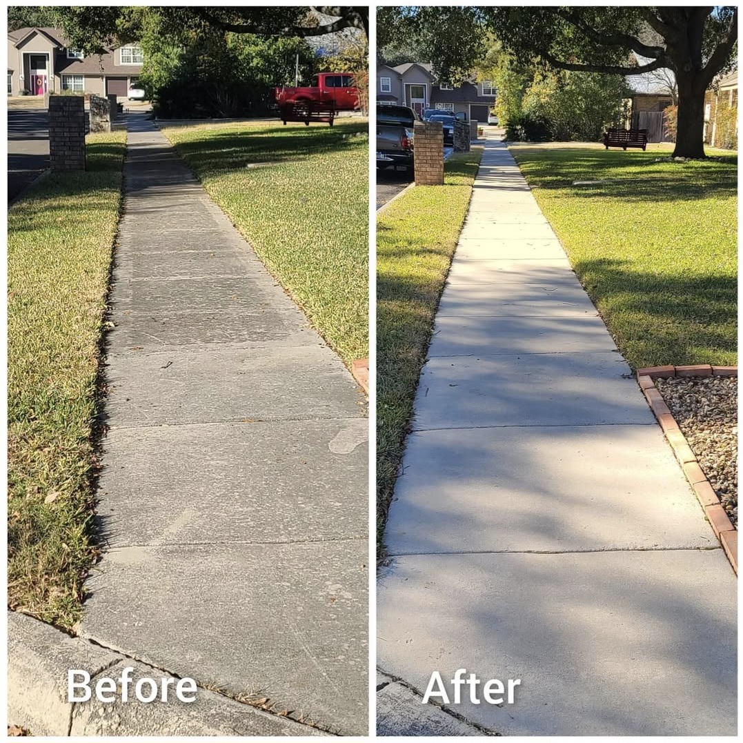 Another sidewalk transformation showing professional power washing results