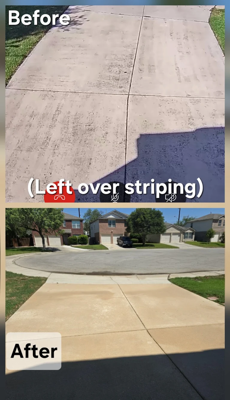 Concrete surface before and after striping removal and power washing